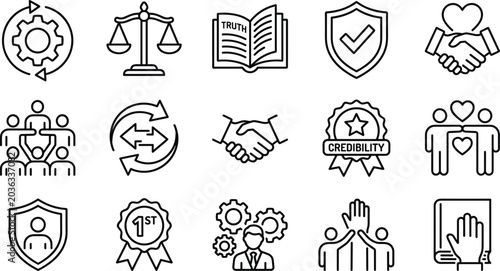 Business trust and integrity icons set with line art style elements for corporate ethics and legal values.