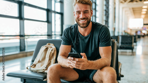 A smiling man with a backpack is sitting in an airport lounge using a smartphone, representing the concept of travel, mobile technology, and the modern lifestyle.