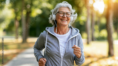A portrait of an elderly woman running in a park wearing a hoodie and sneakers; she is smiling and listening to music through her headphones.