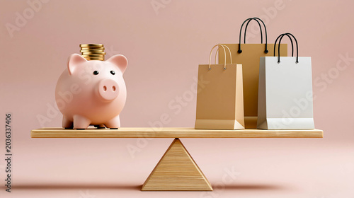 A pink piggy bank with coins on one side of the scale and paper shopping bags on the other. The idea of choosing between spending and saving, balancing a budget, and financial planning.