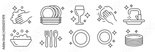 Εκτύπωση καμβά Clean Dishes icons, plate stack with sparkle effect, dishwashing sponge and foam bubbles, glass and utensil cleaning symbols, kitchen hygiene concept, flat vector line design