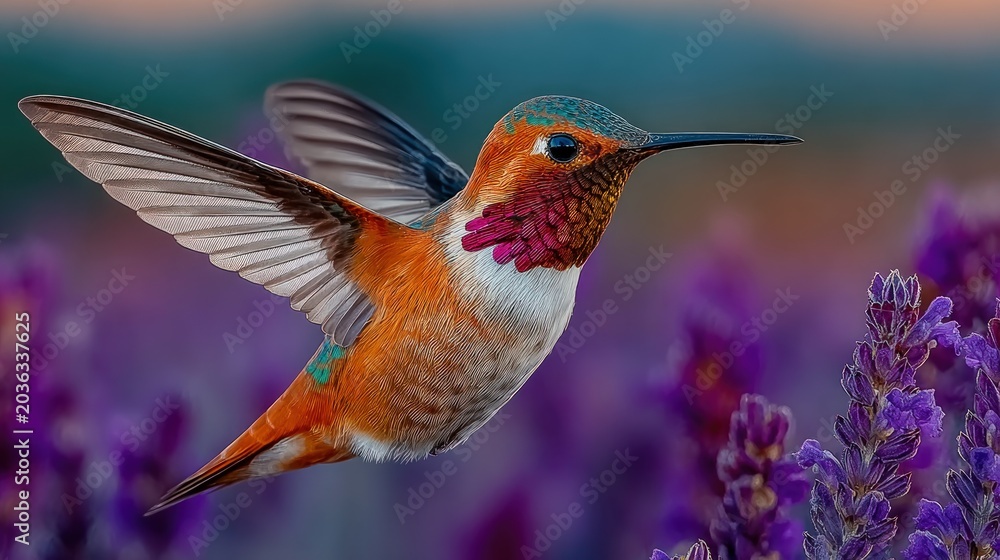 Fototapeta premium Hummingbird in mid-air flight against a floral background.