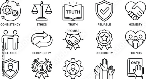 Photos Corporate core values and ethics icons collection featuring labeled line art for trust and professionalism
