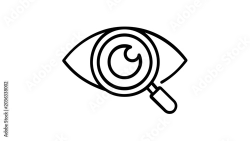 Eye vision icon line illustration showing a magnifying glass over a human eye for ophthalmology, optometry, medical checkup, and diagnostic concepts in a clean minimalist black vector style.