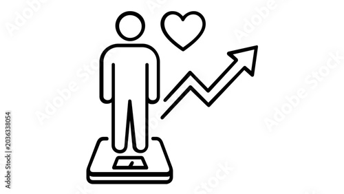Weight scale health line icon vector illustration with person, heart, and rising arrow, representing fitness progress, healthy lifestyle, weight gain, body mass index, and medical wellness.