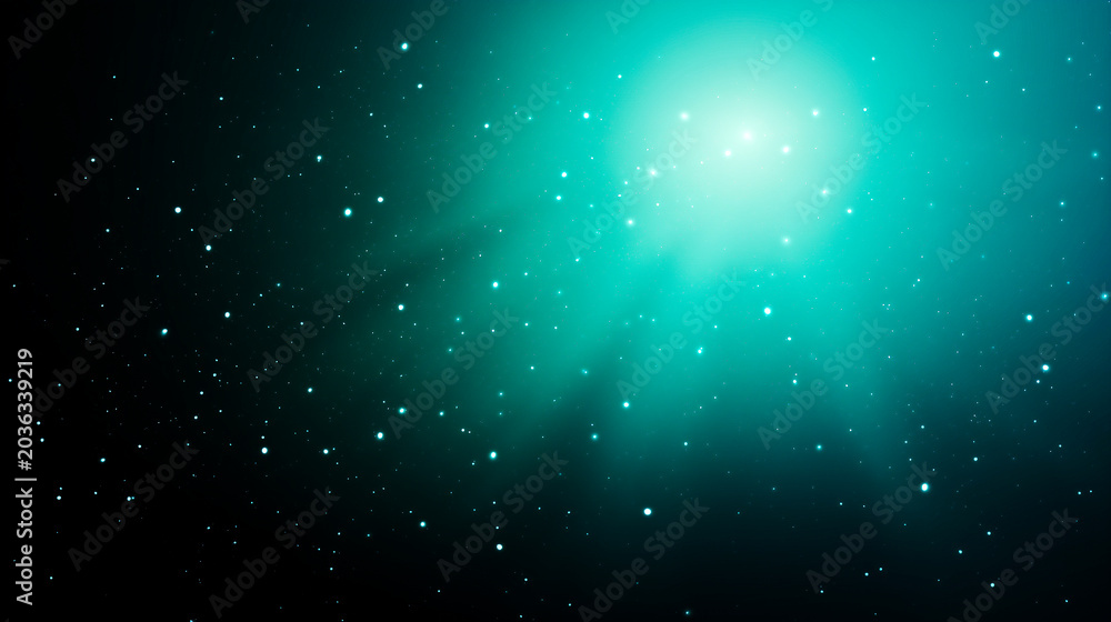 Fototapeta premium まばゆく輝くエメラルドグリーンの光の爆発とキラキラ舞う星屑