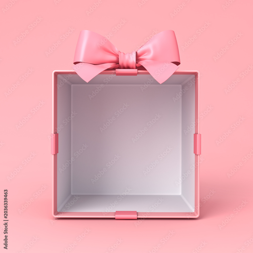 Naklejka premium Blank pink gift box mockup exhibition booth products display stand showcase or opened present box tied with pink ribbon bow isolated on pink pastel background creative idea conceptual 3D rendering