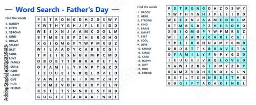 Tableau sur toile Father's Day themed word search puzzle with highlighted solution grid  on transp