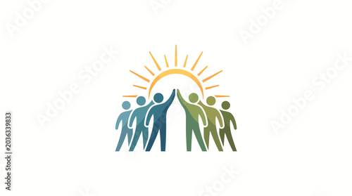 Photos A stylized illustration of four people with their arms raised in unison against a bright sun on a white background