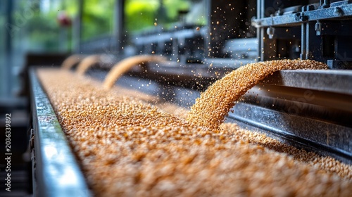 Large quantity of brown seeds flowing along a conveyor belt in an industrial agricultural sorting facility.