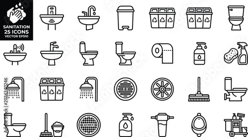 Fotografía A collection of line art icons depicting various bathroom and sanitation element