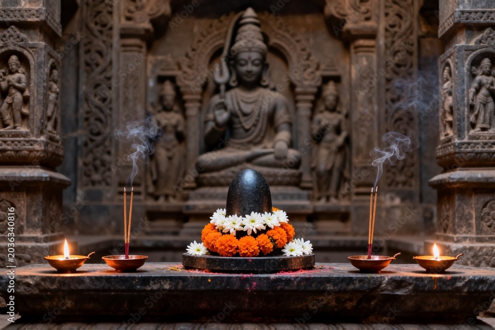 Fototapeta premium Religious shrine with deity statue and offerings