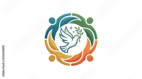 Logo featuring a dove with an olive branch surrounded by abstract human figures in a circular formation with a white background.
