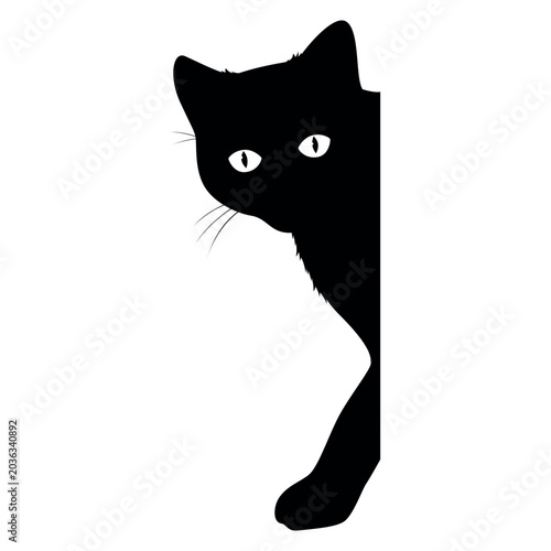 An illustration of a cat peeking around a corner with curious eyes and an outstretched paw. Simple vector drawing on a white background.