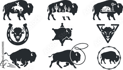 Fotografía Western Buffalo Silhouette Vector Collection Featuring Cowboy Rodeo Symbols, Rus