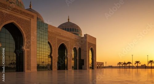 Sunset view of a large mosque with arches and domes in a desert landscape