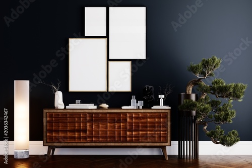 Luxury classic living room interior with blank gallery wall frames mockup, elegant molding details and stylish modern decor.