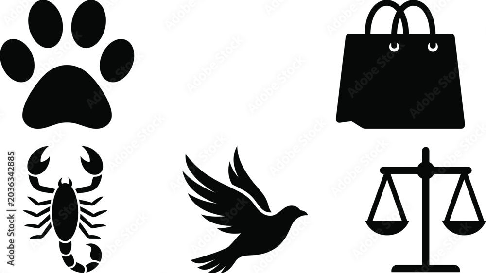 Fototapeta premium Minimalist black silhouette icons of paw print, scorpion, bird in flight, shopping bag, and balance scale on white background
