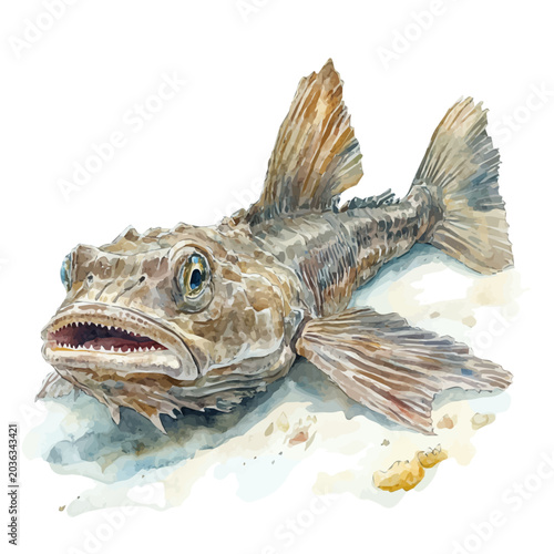 Bild auf Leinwand Crocodile Fish Lying In Wait On The Sea Floor, vector watercolor, painting isolated on a white background