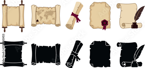 Fotografía Ancient paper scrolls and old parchment sheets vector set with world map quill inkwell wax seal and black silhouettes isolated on white background