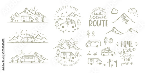 Cute hand drawn elements with camping doodles, RV, landscape and nature, great for textiles, banners, wallpapers