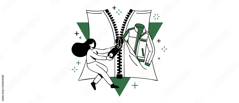 Naklejka premium Fashion shopping woman zipper illustration revealing winter jacket. Creative apparel flat vector design concept representing clothing catalog, retail startup, textile production, dynamic style.