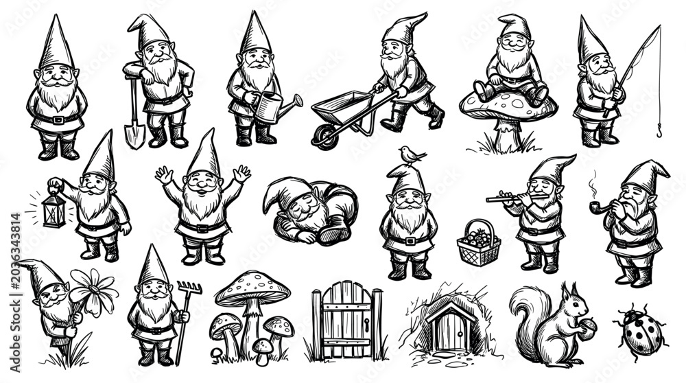Fototapeta premium Various hand-drawn garden gnomes in different poses and activities, including fishing, gardening, and playing music, on a white background