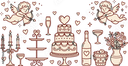 Fotografia A line art illustration of a romantic dinner setup with cake, wine, and cherubs