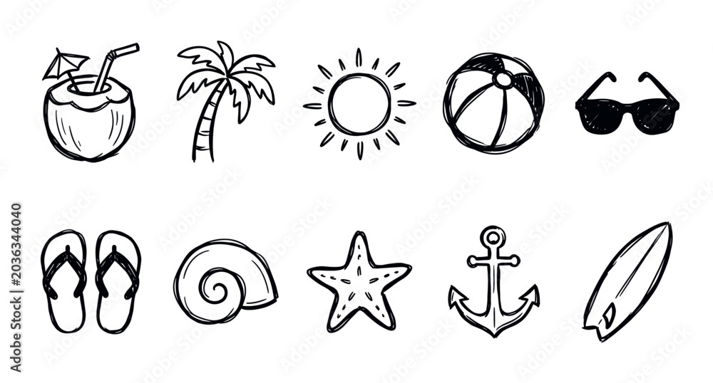 Fototapeta premium Collection of hand-drawn black and white summer vacation icons, including a coconut drink, palm tree, sun, and beach ball, on a clean white background