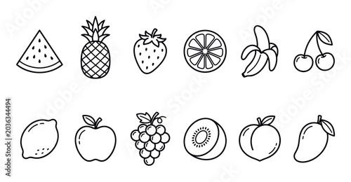 Collection of various simple outline fruit icons including watermelon, pineapple, strawberry, and banana on a clean white background