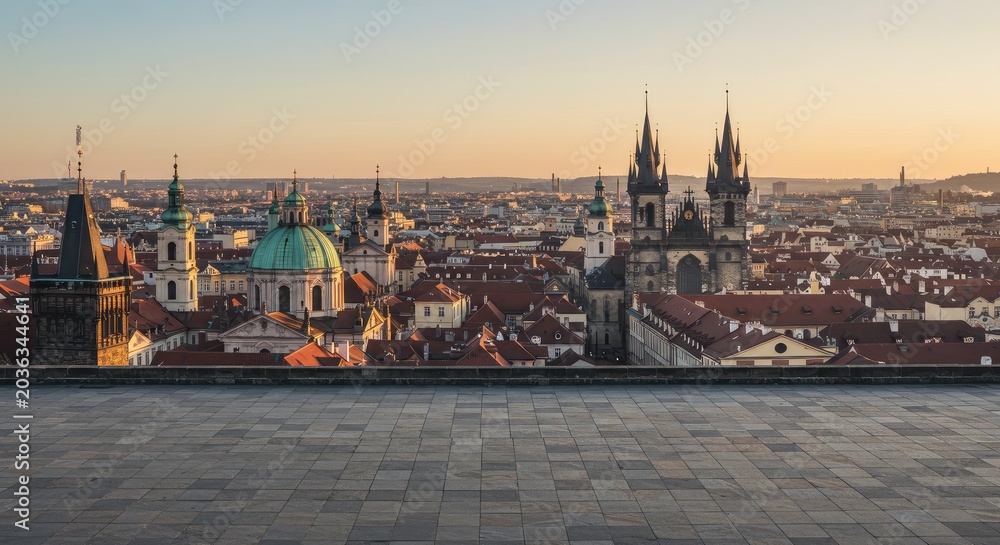 Obraz premium Sunset over historic cityscape with ancient buildings and towers