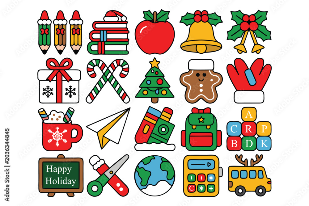 Fototapeta premium Cute Christmas School Icons Bundle, christmas school, holiday education