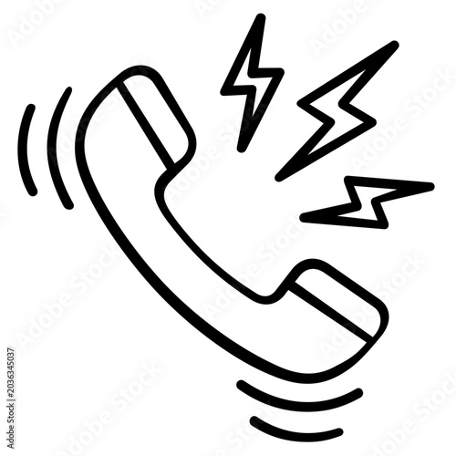Telephone handset ringing and vibrating line icon vector illustration featuring sound waves and lightning bolt symbols for incoming calls, mobile communication, and digital alert notifications.