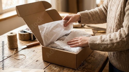 Hands unboxing cardboard package with white tissue paper on wooden table