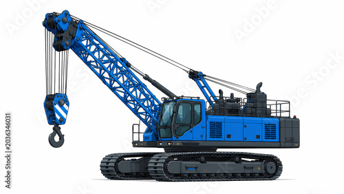 Blue Crawler Lattice Boom Crane Heavy Industrial Machinery Isolated on White Background