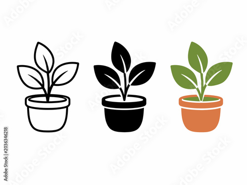 Three potted plant icons: outline, silhouette, and color versions