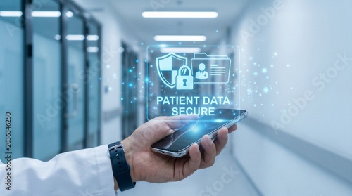 A doctor's hand holding a patient data security hologram on smartphone in hospital corridor, healthcare privacy and digital medical protection concept.