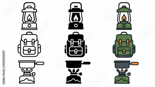Camping essentials: lantern, backpack, stove icons in outline and color styles