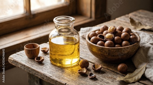 Macadamia oil and nuts still life on rustic wooden surface