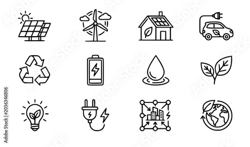 Clean energy and ecology monoline icon collection sustainable environment vector outline symbols set
