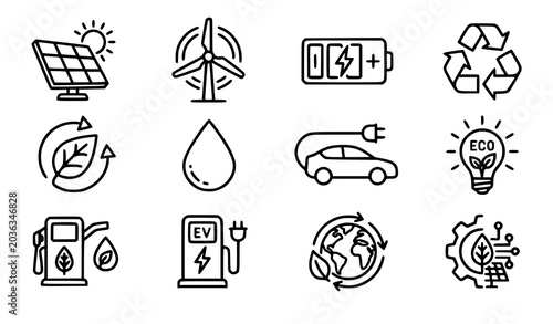 Ecology and renewable energy line icon set with recycling solar wind electric eco symbols vector illustration