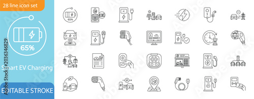 Bild auf Leinwand Smart EV Charging Station Line Icon Set.Vector Editable Stroke