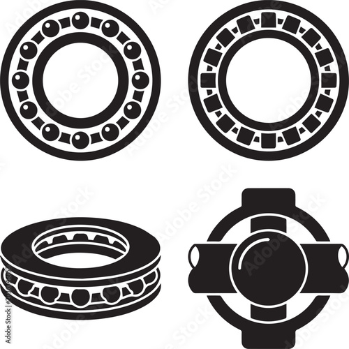 Ball bearing icons, mechanical bearings, industrial parts, black and white graphics