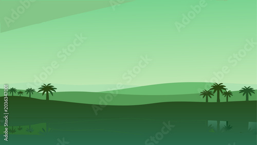 Photos Tropical oasis landscape with palm trees reflected in calm water at dusk in mini