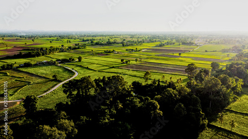 Konstfotografi Aerial Sunset Over Rice Fields in Thepharak Korat