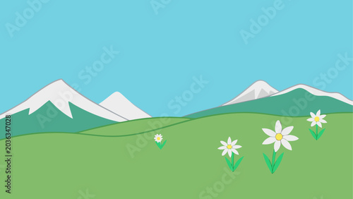 Obraz na płótnie Colorful alpine meadow with snow-capped mountains and blooming wildflowers in sp