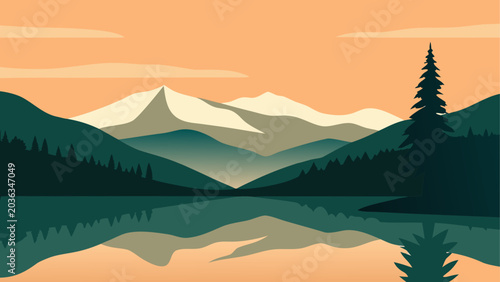 Cuadro en lienzo Serene mountain lake reflecting snow-capped peaks at sunrise with vibrant sky an