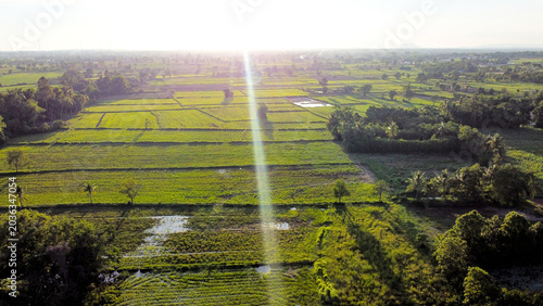 Foto Aerial Sunset Over Rice Fields in Thepharak Korat