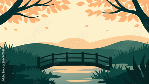 Obraz na plátne Rustic wooden bridge over tranquil stream in autumn forest with falling leaves a
