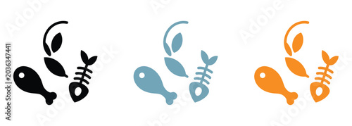 Food Waste icon set, discarded food illustrations featuring apple core fish bone and chicken leg, organic waste disposal concept, recycling and composting vector illustration.